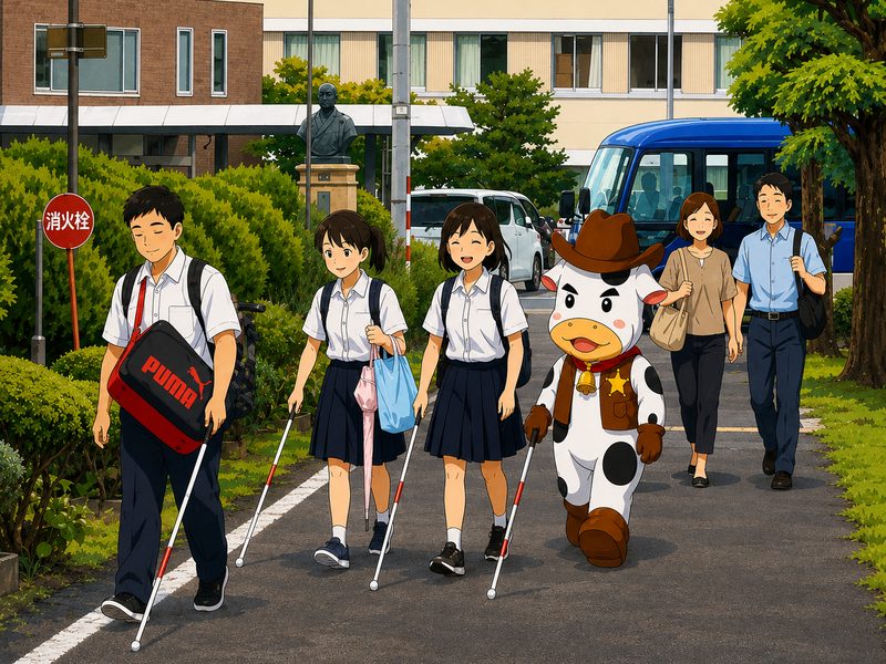 朝の登校風景。スクールバスから降りてきた数名の児童生徒が、夏休み中の出来事などを話しながら白杖をついて通学路を歩いている様子