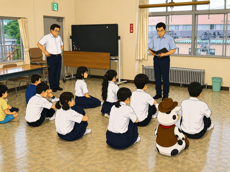 暑さ対策のために全校朝会の会場を大会議室に変更して行なっている風景。校長先生のお話を児童生徒が真剣に聞いている。児童生徒の中には、イメージキャラクターのやまもうくんの姿も。