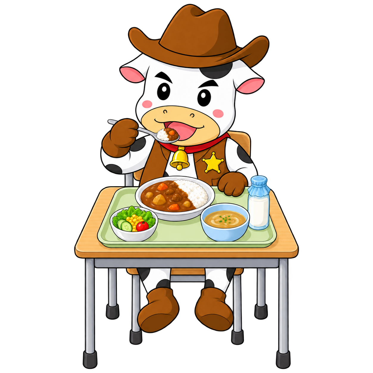 やまもうくんが給食のメニューであるカレーライスを美味しそうに食べています。