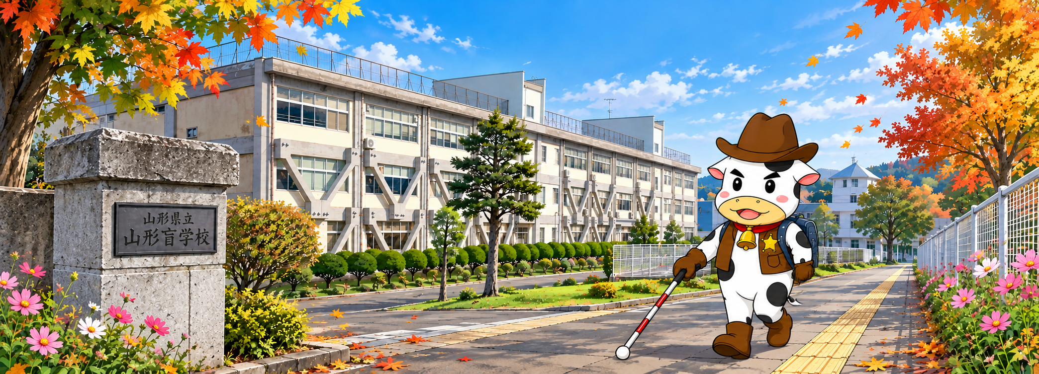 &ldquo;山形県立山形盲学校・視覚支援センター　季節は夏〜秋へと移り変わろうとしています。今日も元気にやまもうくんは登校中！"