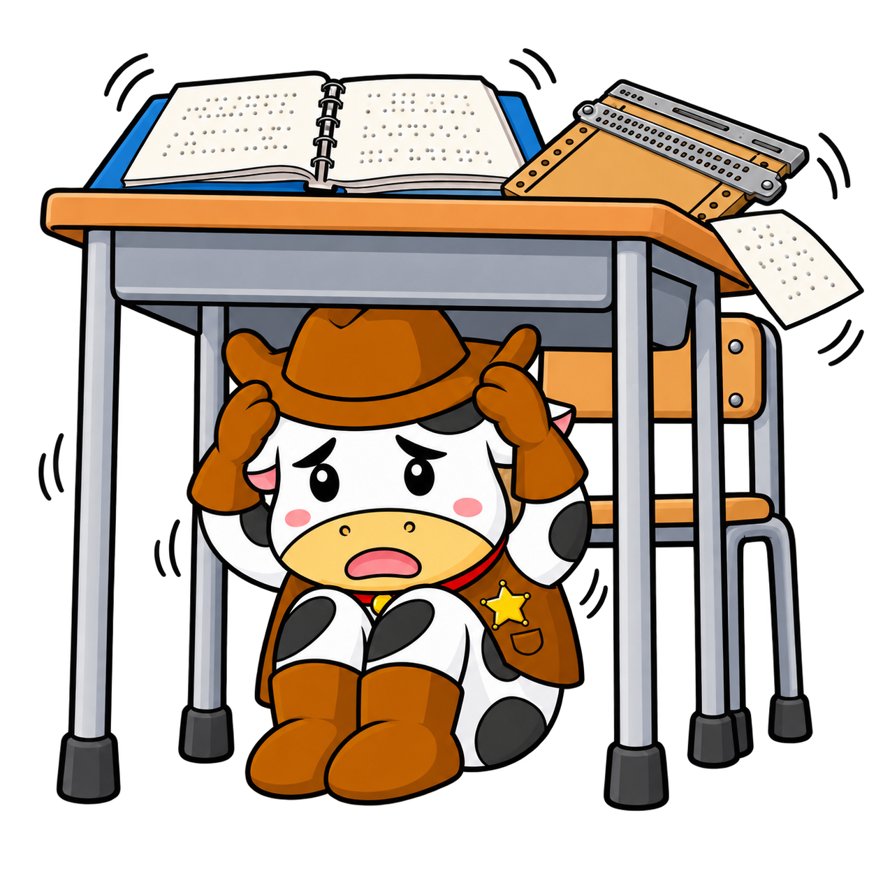 イメージキャラクターのやまもうくんが教室の机の下で不安そうに自分の体を守っている様子