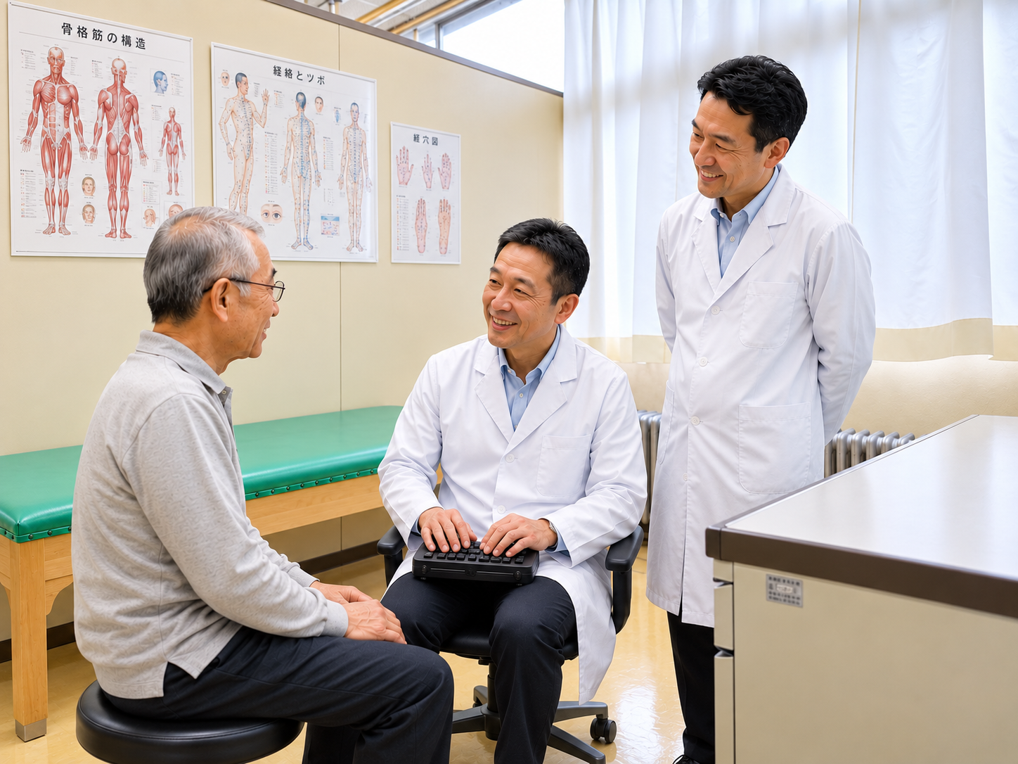 臨床室で生徒が利用者から症状などを伺っている様子