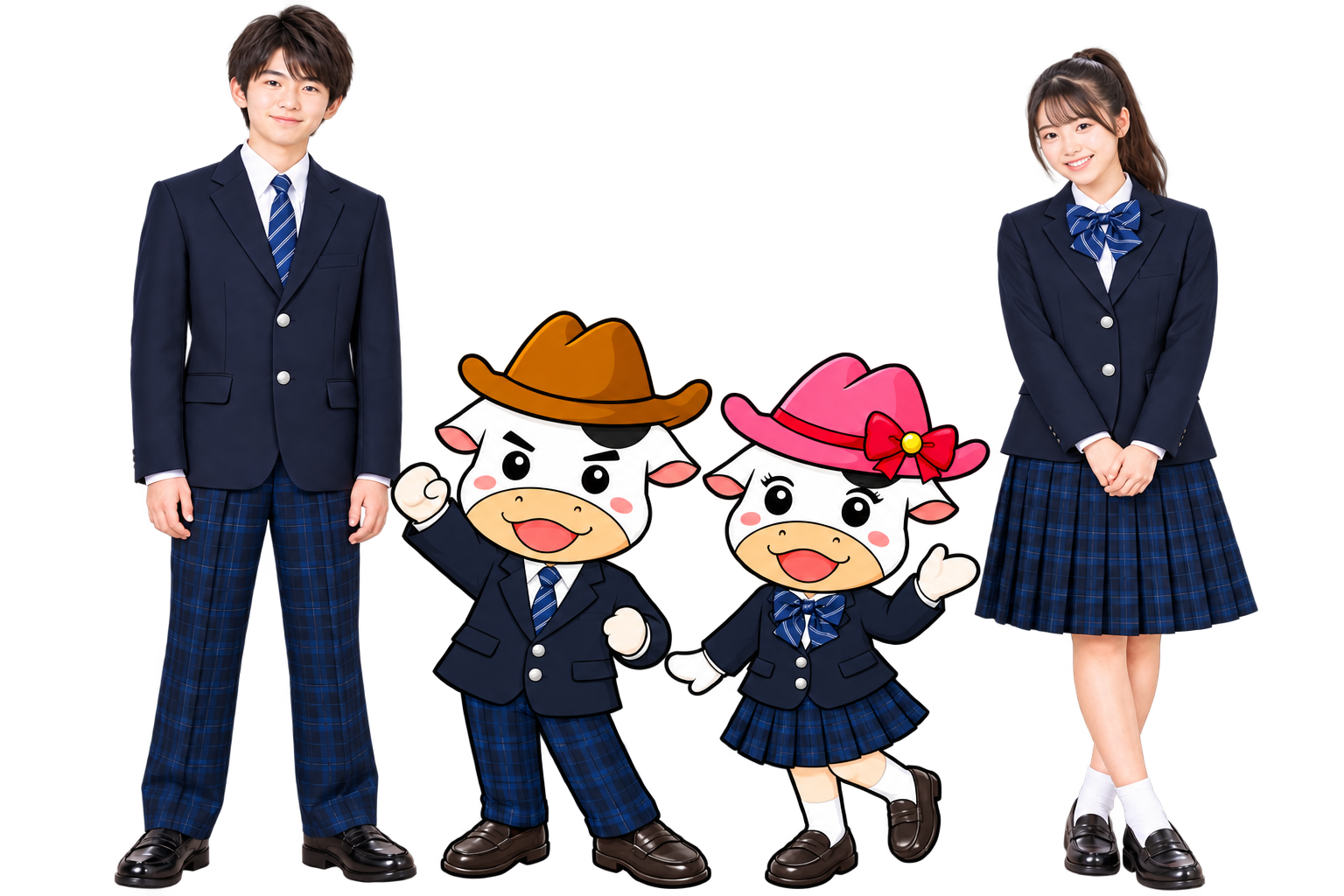 新制服を着用した中学生と、やまもうくんたち［写真をクリックまたはタップすると制服の写真を見ることができます。］