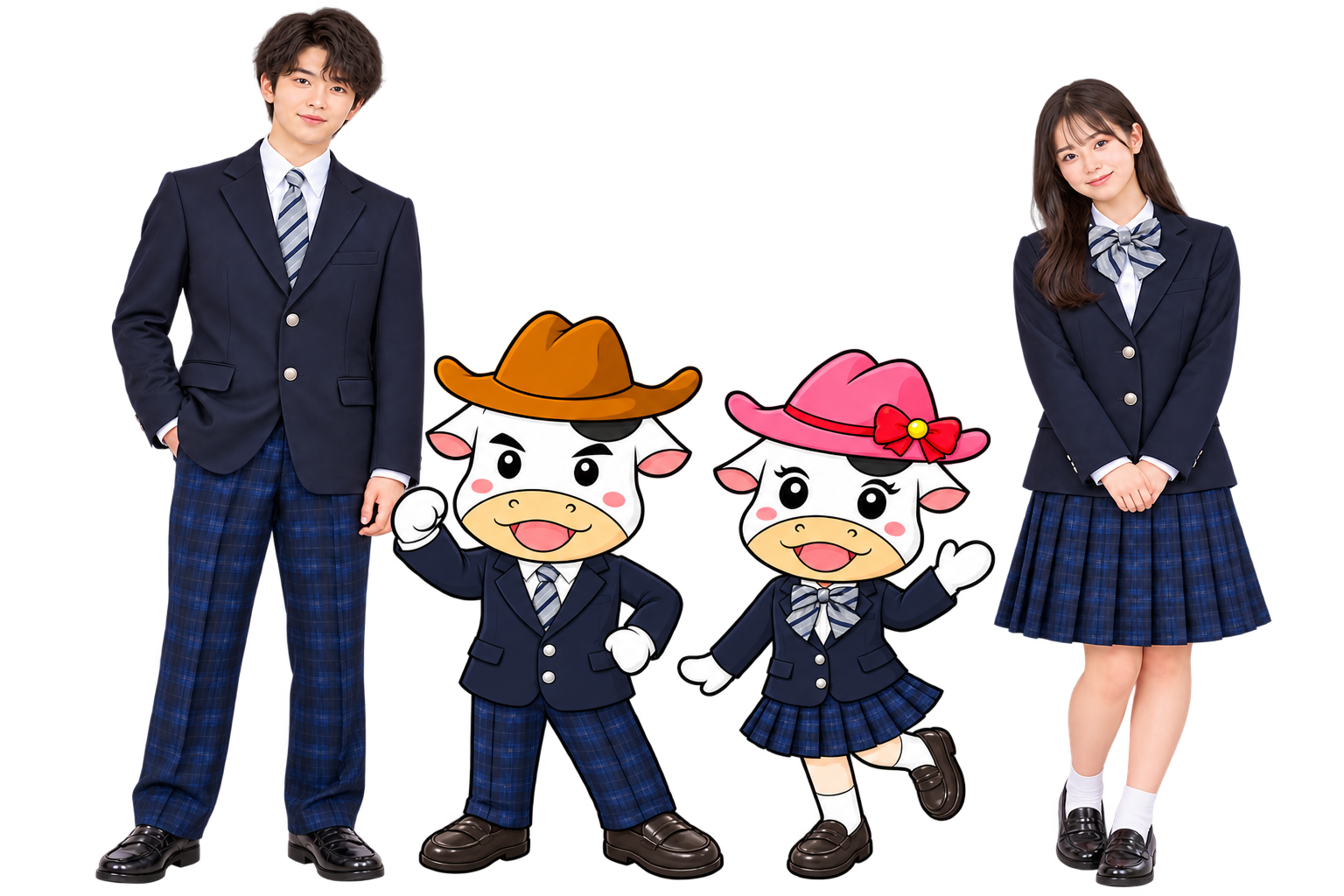 新制服を着用した高校生と、やまもうくんたち［写真をクリックまたはタップすると制服の写真を見ることができます。］