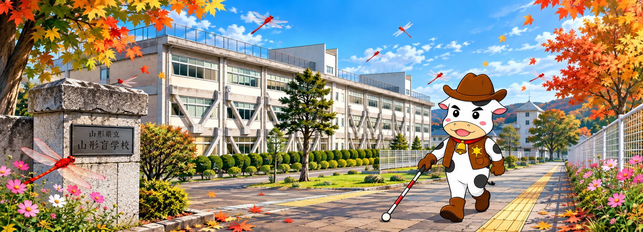 山形盲学校・視覚支援センター　季節は秋が深まり周りにはたくさんの赤とんぼ飛んでいます。今日も元気にやまもうくんは登校中！