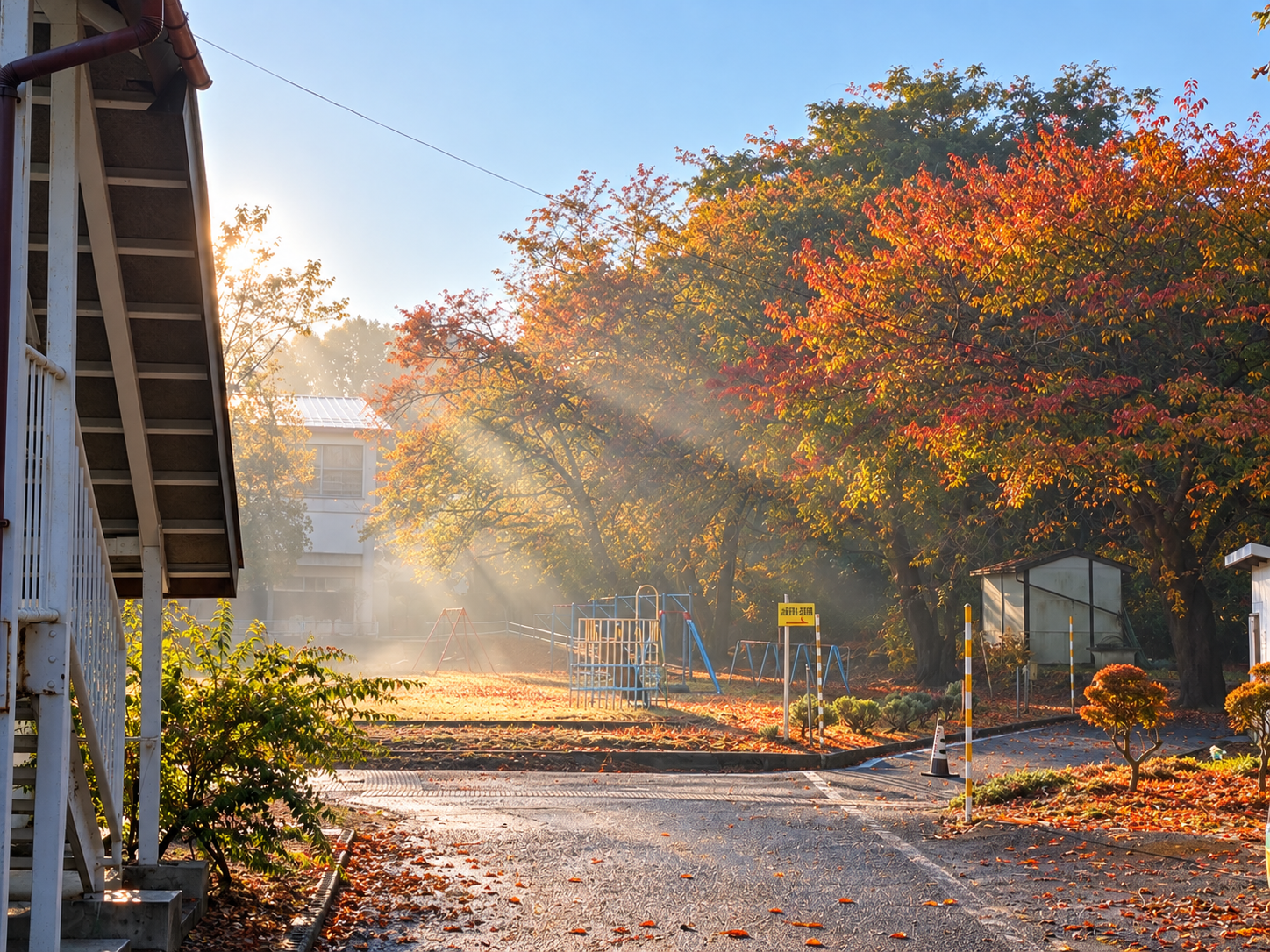 秋の朝霧に包まれた学校周辺の風景
